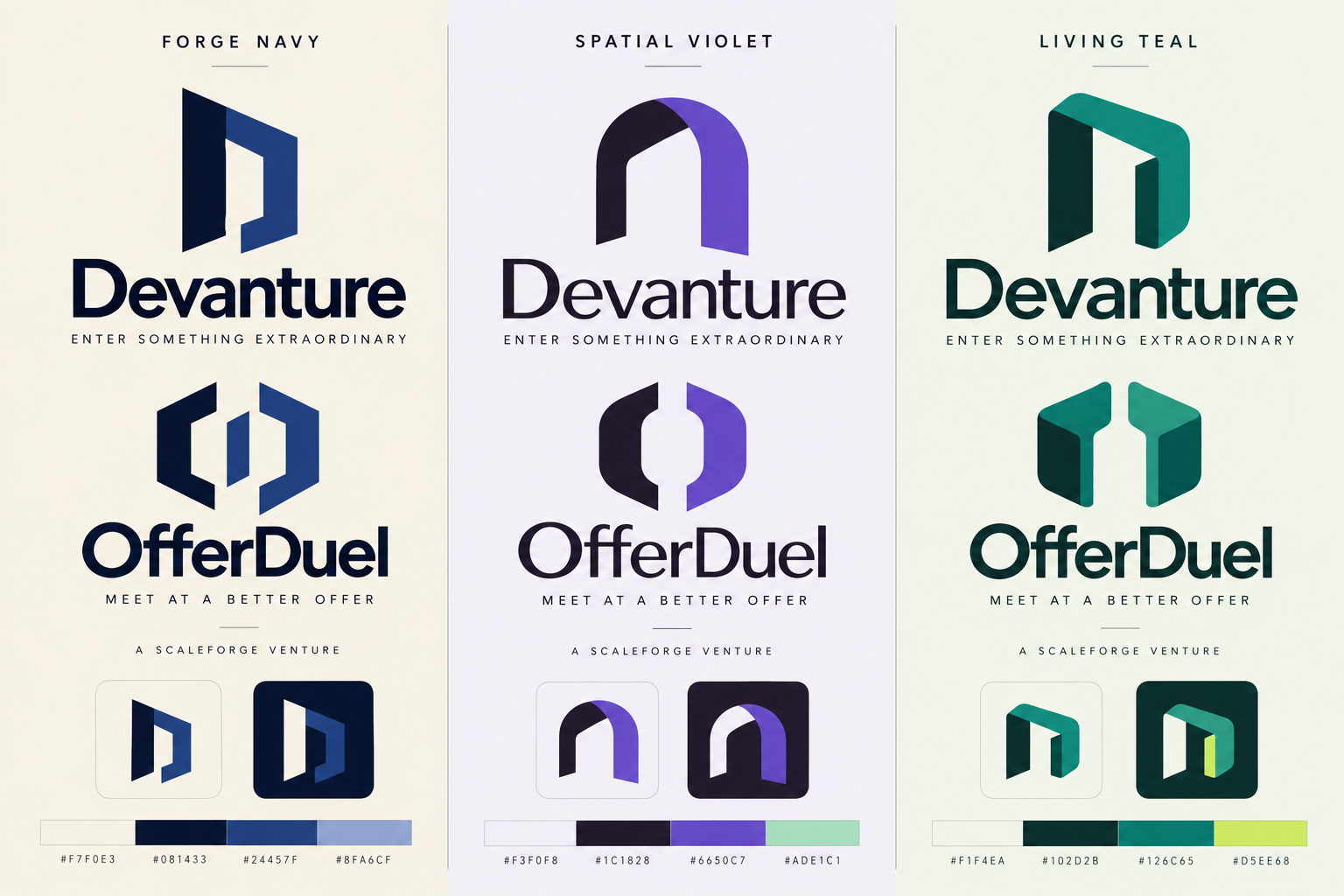 Generated comparison board exploring the Forge Navy, Spatial Violet and Living Teal identity directions for Devanture and OfferDuel.