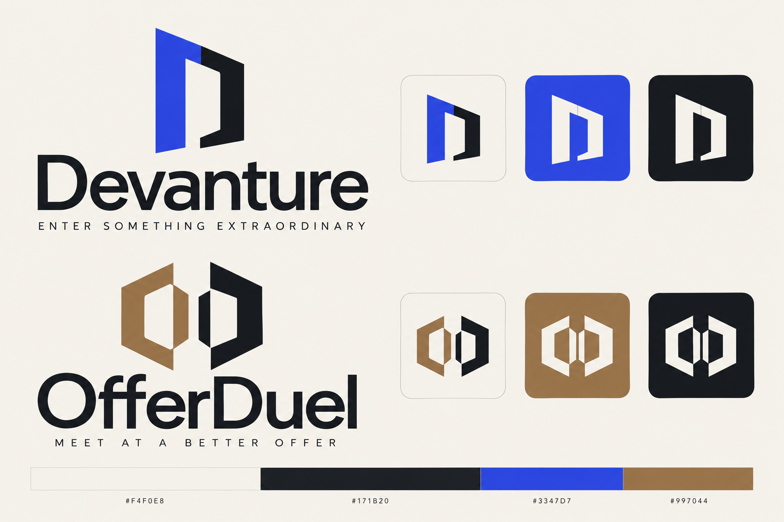 Generated art direction board showing Devanture’s cobalt portal, OfferDuel’s brass meeting mark, app icon concepts and an ivory, ink, cobalt and brass palette.